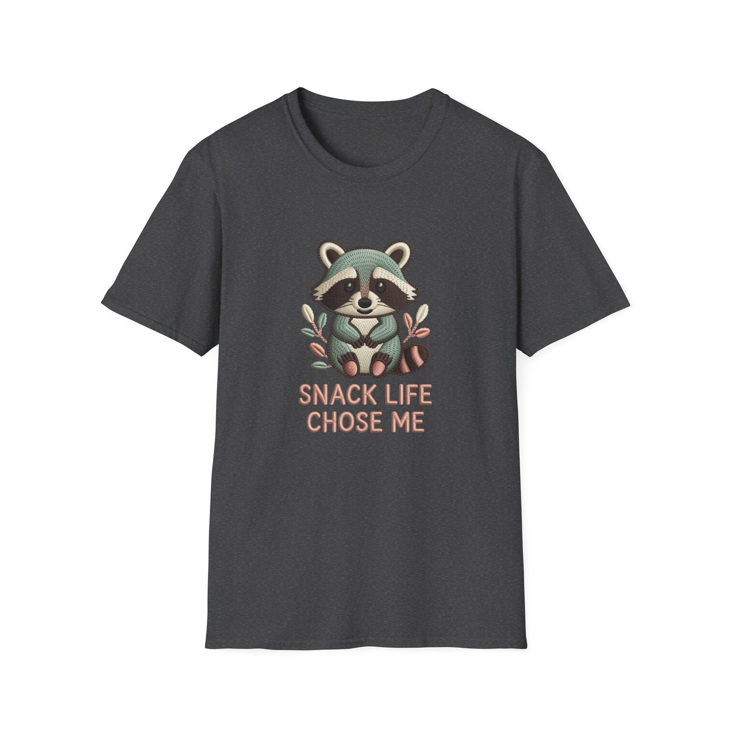 Adorable "Snack Life Chose Me" Raccoon T-Shirt | Funny Embroidered Style Animal Lover Tee | Cozy Unisex Foodie Gift