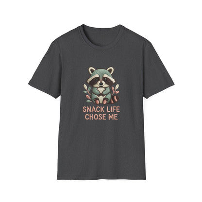 Adorable "Snack Life Chose Me" Raccoon T-Shirt | Funny Embroidered Style Animal Lover Tee | Cozy Unisex Foodie Gift