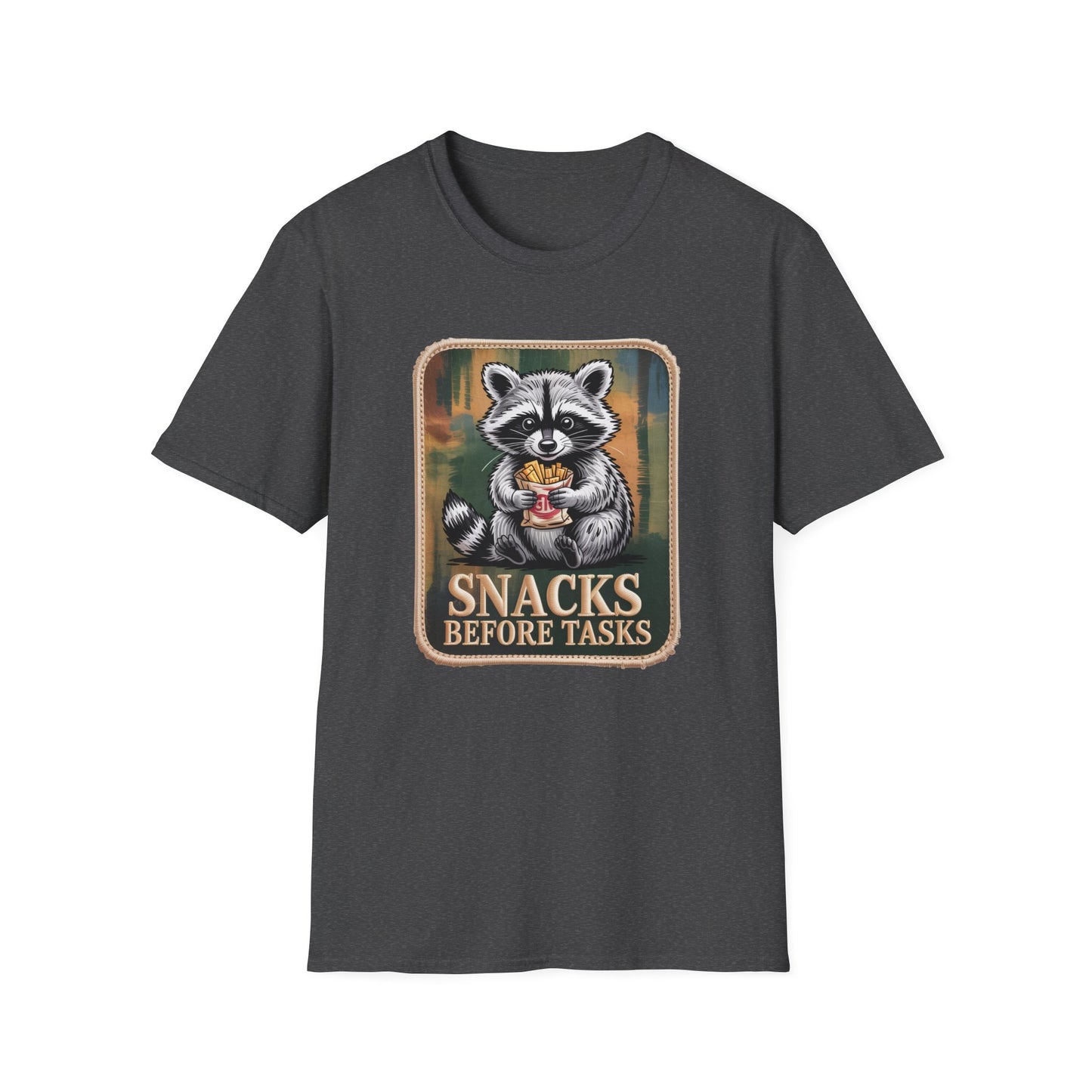 Hilarious Raccoon Snacks Before Tasks T-Shirt | Adorable Animal Lover Gift | Cozy Funny Graphic Tee