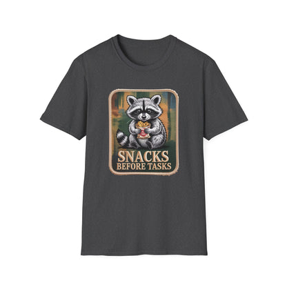 Hilarious Raccoon Snacks Before Tasks T-Shirt | Adorable Animal Lover Gift | Cozy Funny Graphic Tee