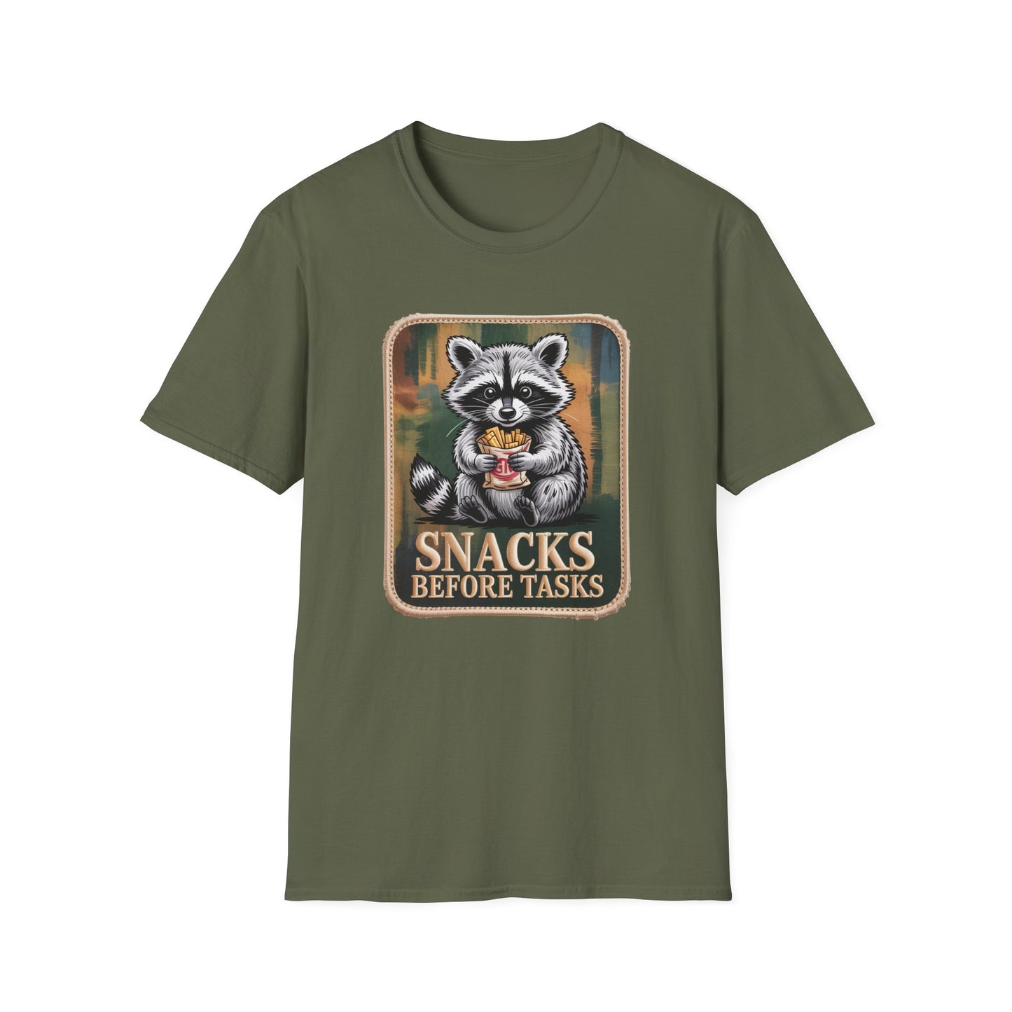 Hilarious Raccoon Snacks Before Tasks T-Shirt | Adorable Animal Lover Gift | Cozy Funny Graphic Tee