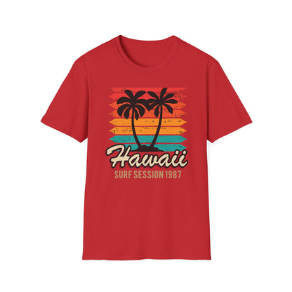 Awesome Vintage Hawaii Surf Session 1987 T-Shirt | Retro Palm Tree Beach Sunset Tee for 80s Style