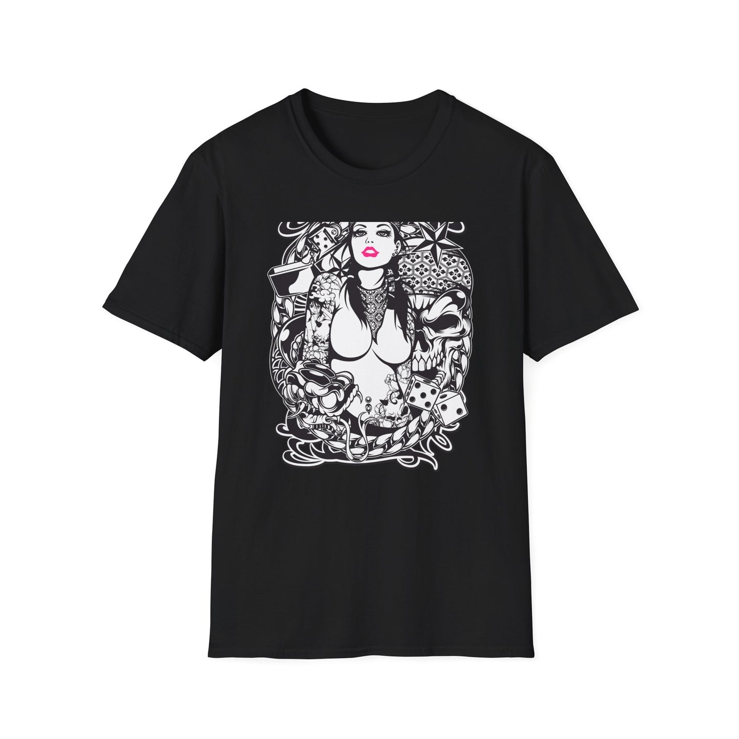 Bold Tattoo Girl & Skull Graphic T-Shirt | Edgy Urban Streetwear | Dice & Star Statement Tee - Unleash Your Rebel Style!