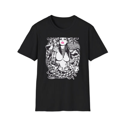 Bold Tattoo Girl & Skull Graphic T-Shirt | Edgy Urban Streetwear | Dice & Star Statement Tee - Unleash Your Rebel Style!