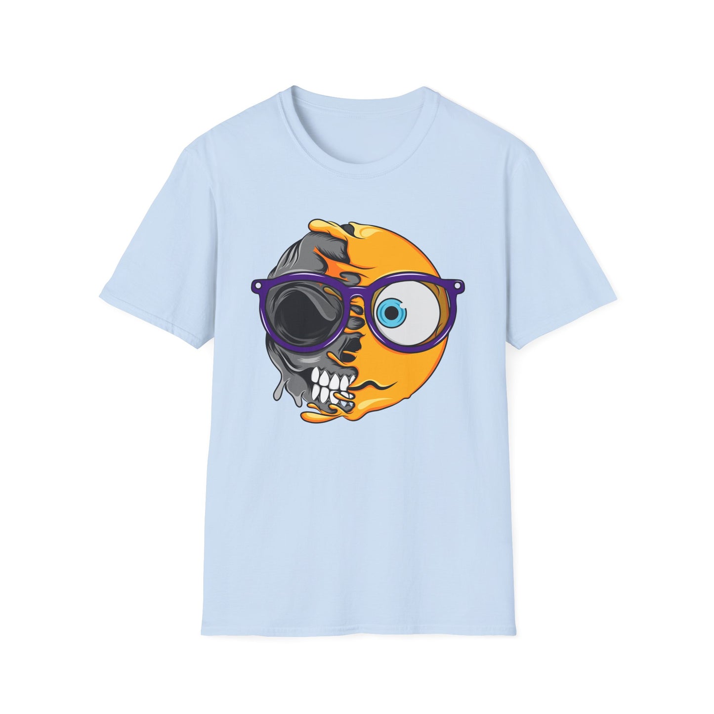 Unique Half Emoji Skull T-Shirt | Bold Melting Face Graphic Tee | Edgy Dual Personality Design for Distinct Style Seekers