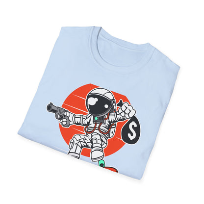 Epic Astronaut Skater T-Shirt: Cosmic Rebel with Cash & Gun | Unique Streetwear Space Outlaw Graphic Tee