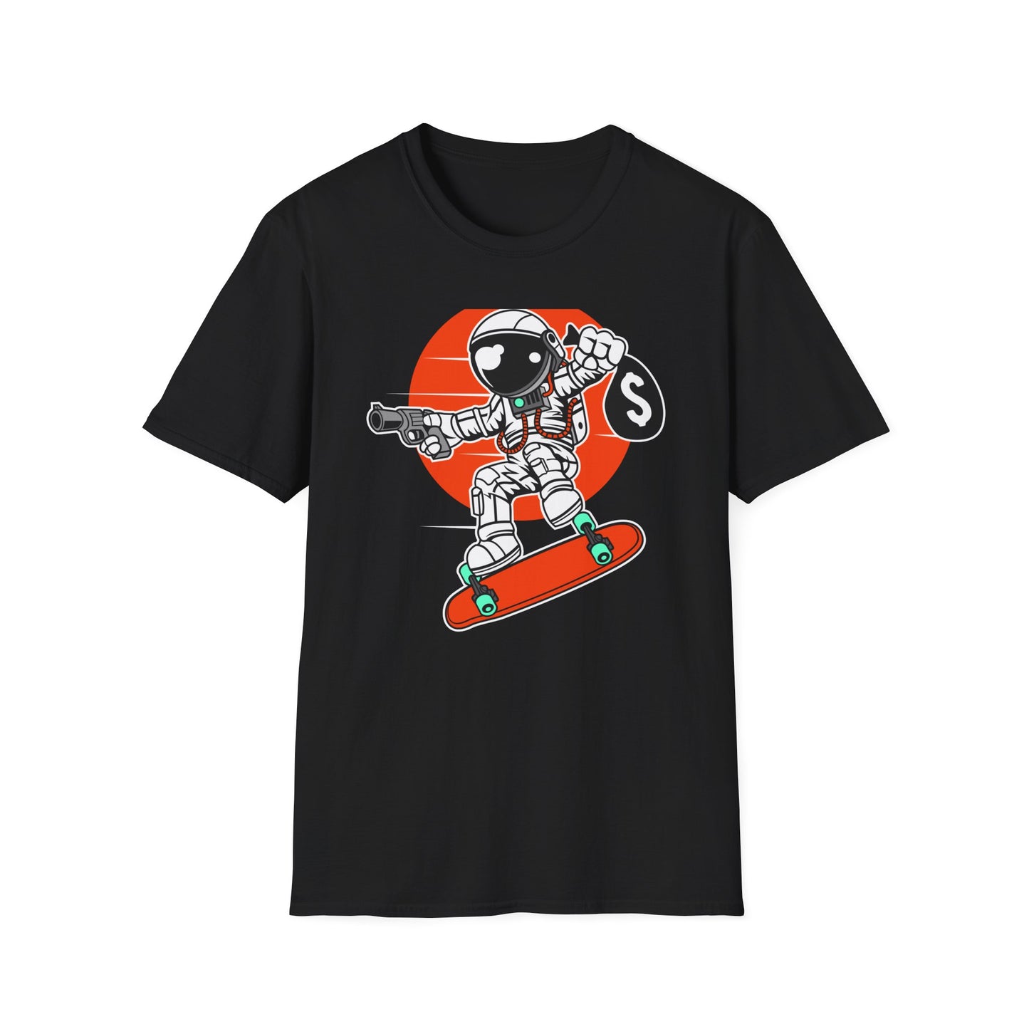 Epic Astronaut Skater T-Shirt: Cosmic Rebel with Cash & Gun | Unique Streetwear Space Outlaw Graphic Tee
