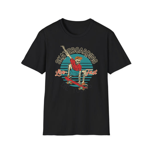 Cool Vintage Skeleton Skater T-Shirt | Live Fast Die Young Retro Skateboarding Graphic Tee for Extreme Fans