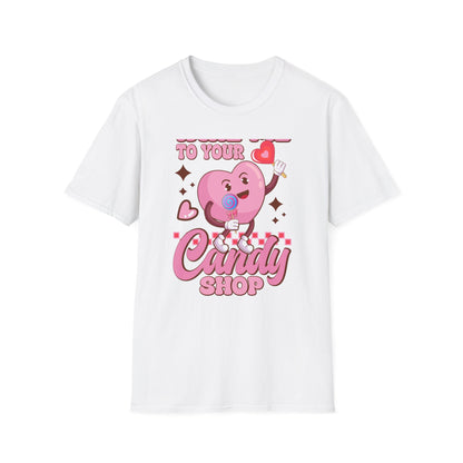 Sweet & Groovy 'Take Me To Your Candy Shop' T-Shirt | Adorable Retro Heart Lollipop Tee | Perfect Valentine's Day Gift for Candy Lovers
