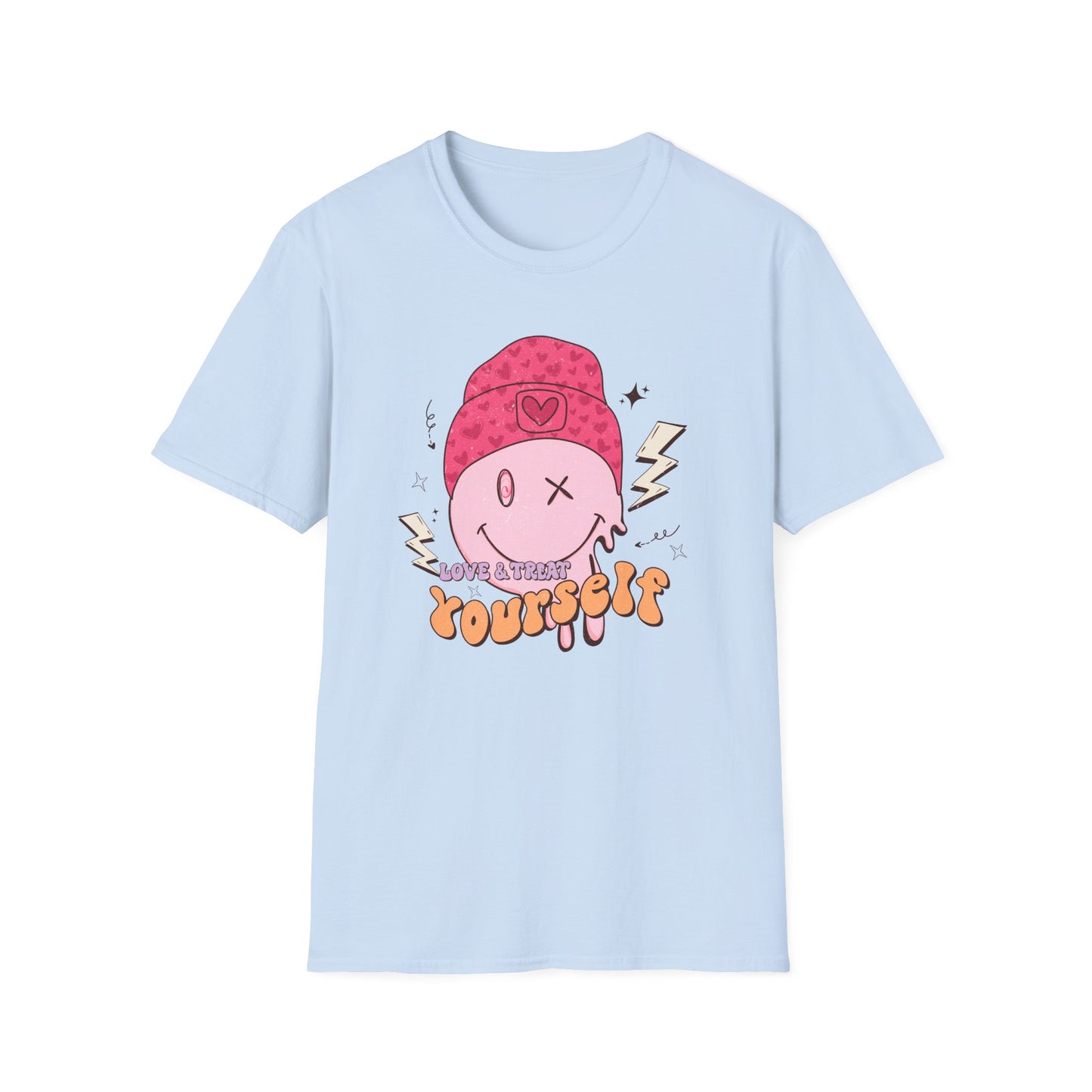 Trendy Groovy Melting Smiley T-Shirt - Empowering 'Love & Treat Yourself' Retro Self-Care Tee for Women