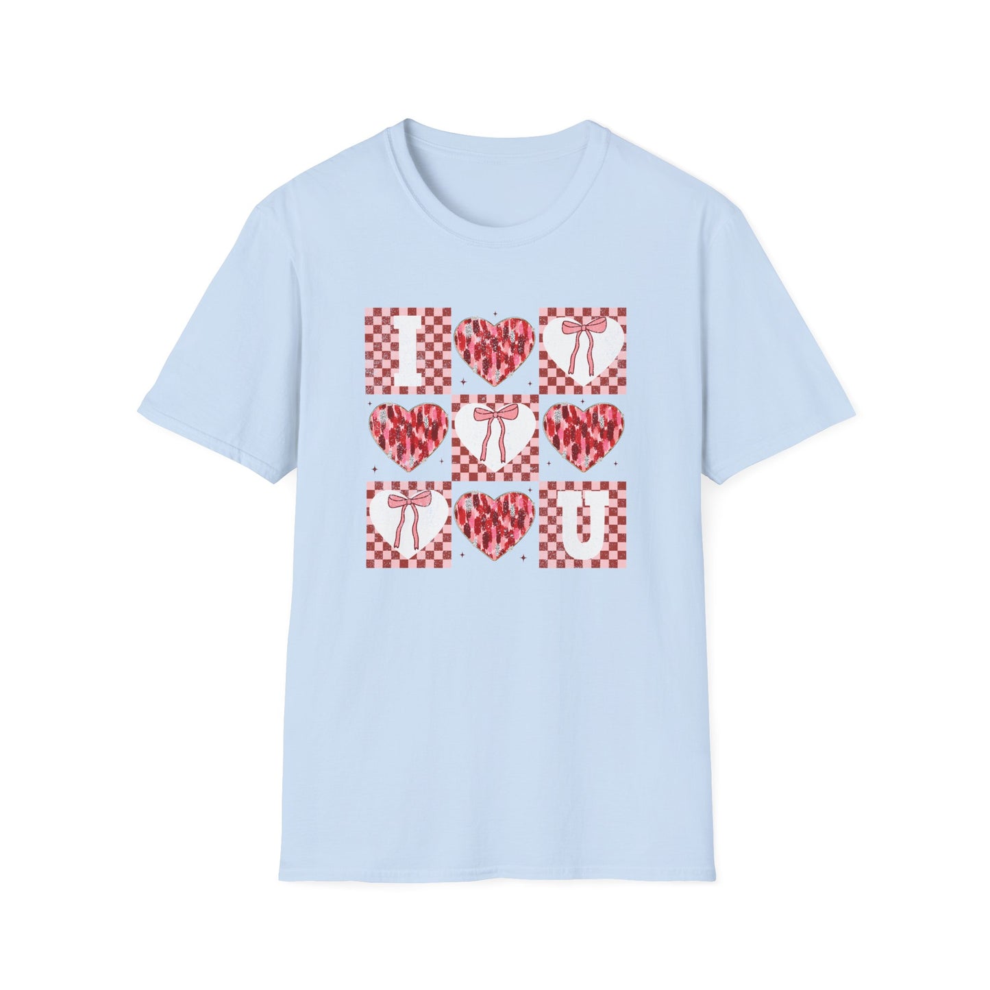 Chic "I Love You" Heart & Bow T-Shirt - Unique Distressed Checkered Design for Valentine's Day & Romantic Gifts for Her