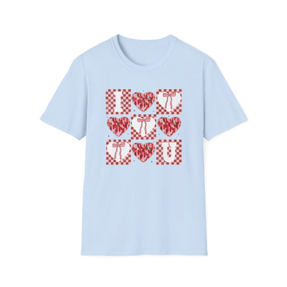 Chic "I Love You" Heart & Bow T-Shirt - Unique Distressed Checkered Design for Valentine's Day & Romantic Gifts for Her