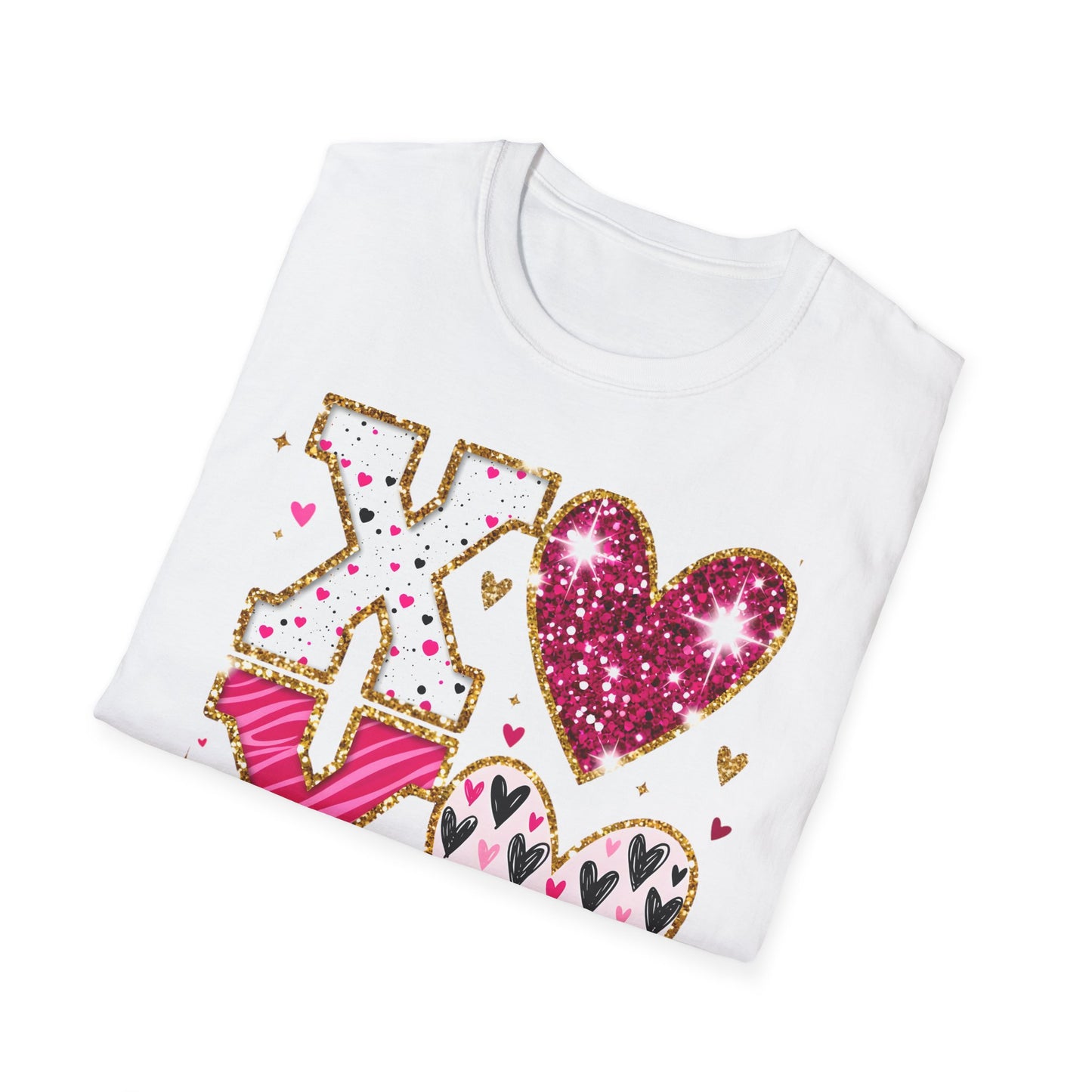 Sparkly XO Hearts T-Shirt | Adorable Pink Glitter Valentine's Day & Love Tee for Her | Hugs Kisses Style