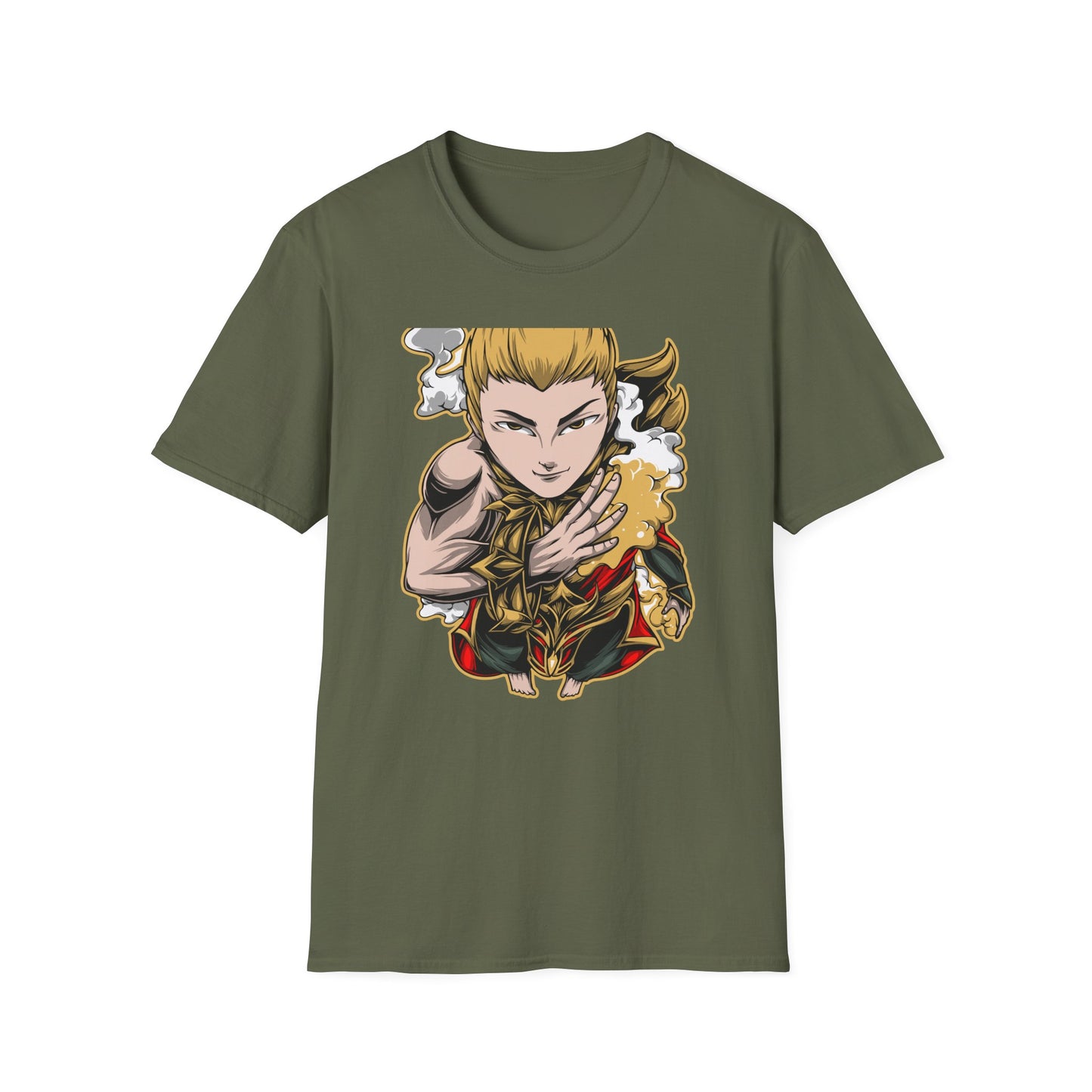 Captivating Mythic Hero T-Shirt | Dynamic Golden Warrior Anime Style Graphic Tee for Gamers & Fantasy Fans