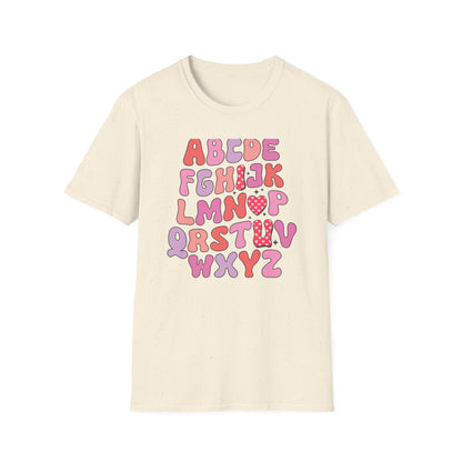 Vibrant Groovy Alphabet T-Shirt | Cute Heart Letter Retro Aesthetic Tee | Fun Teacher & Valentine's Day Gift