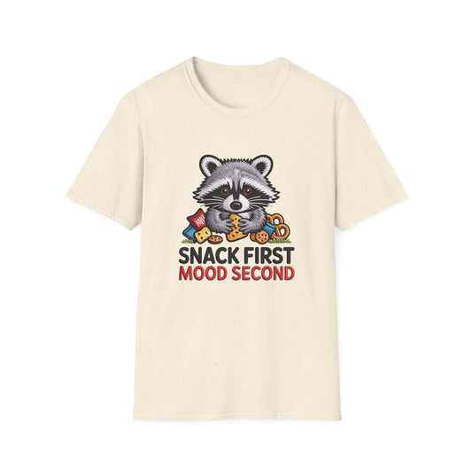 Adorable Raccoon Snack First Mood Second T-Shirt | Funny Embroidered Style Animal Lover Tee | Ultimate Snacker Gift
