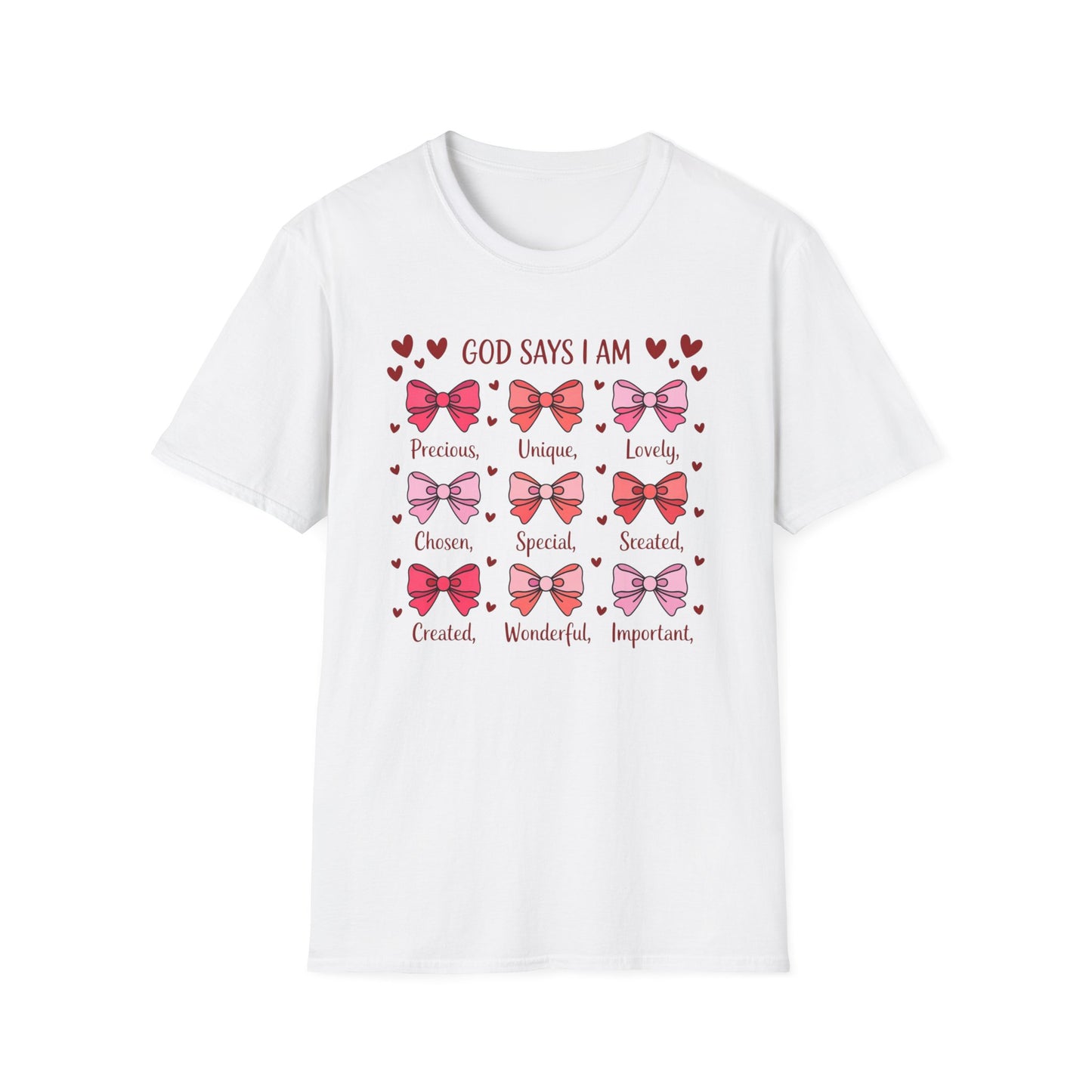 Empowering God Says I Am T-Shirt | Divine Christian Affirmation Tee for Women & Girls with Cute Bows & Hearts