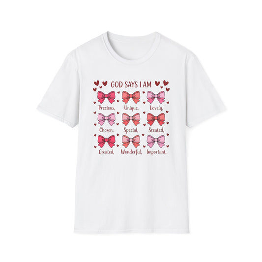 Empowering God Says I Am T-Shirt | Divine Christian Affirmation Tee for Women & Girls with Cute Bows & Hearts