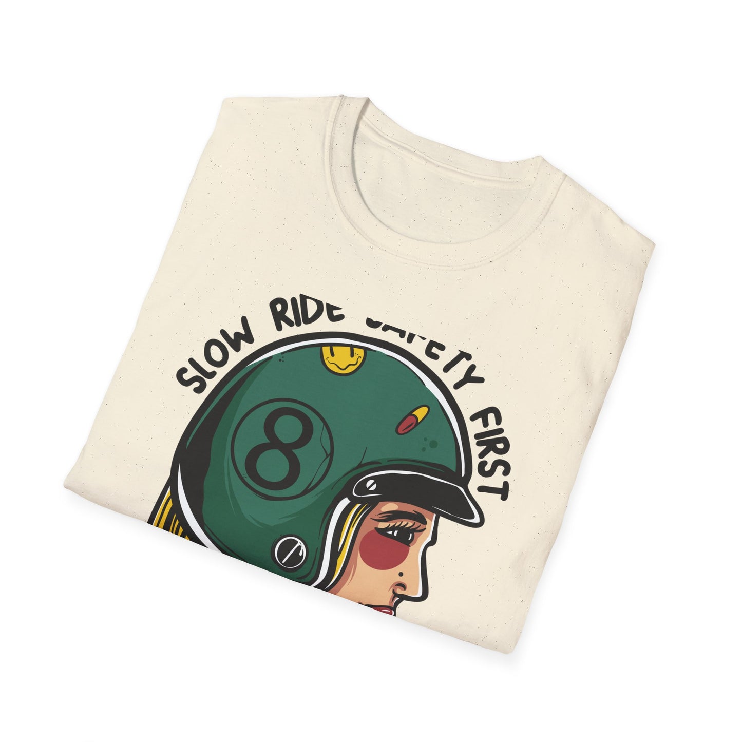 Vibrant Biker Girl Helmet T-Shirt | "Slow Ride Safety First" Retro Motorcycle Rider Tee for Women