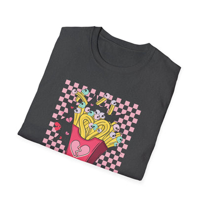 Edgy Skull Fries Broken Heart T-Shirt - Quirky Emo Love Statement Tee - Unique Alt Fashion Gift
