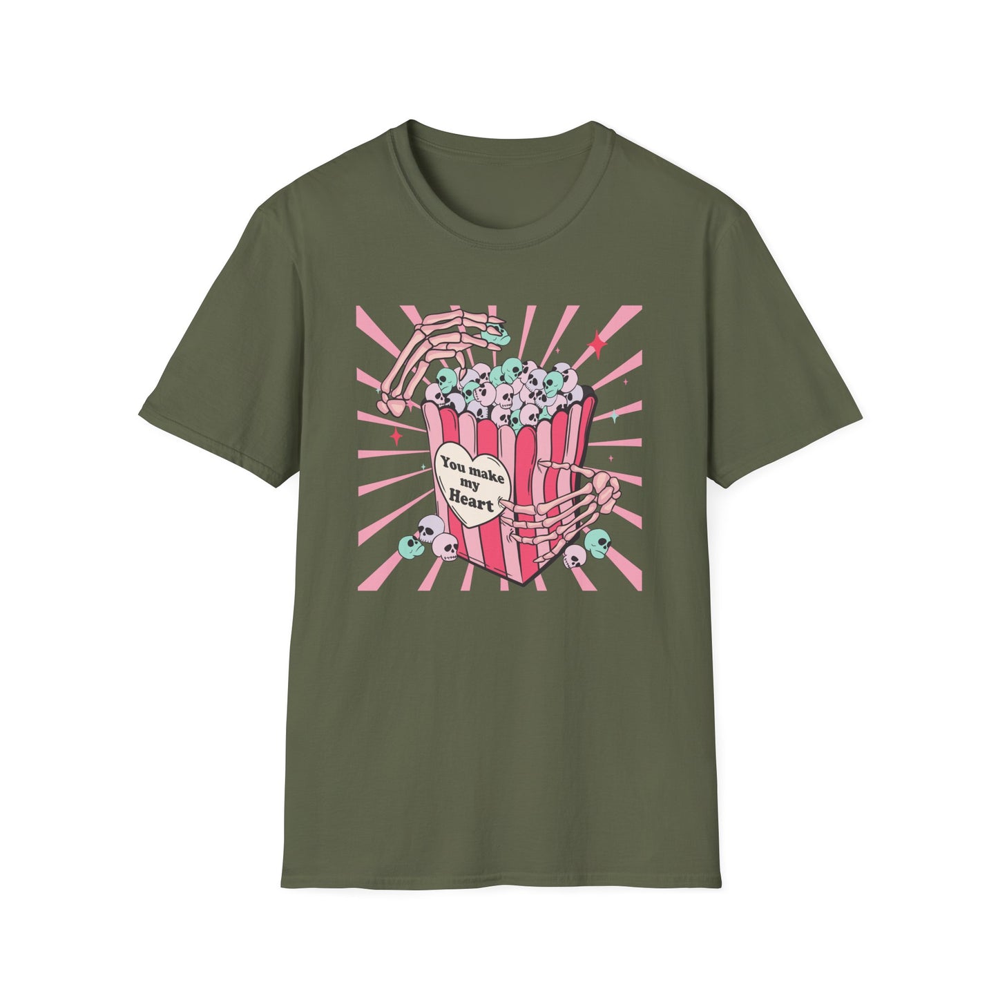 Spooky Sweet Skeleton 'You Make My Heart' T-Shirt | Pastel Goth Skull Popcorn Tee | Edgy Valentine's Day Gift for Unique Love