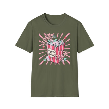 Spooky Sweet Skeleton 'You Make My Heart' T-Shirt | Pastel Goth Skull Popcorn Tee | Edgy Valentine's Day Gift for Unique Love