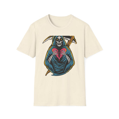 Bold Grim Reaper Heart T-Shirt | Unique Gothic Skeleton Love Tee | Edgy Macabre Statement Apparel