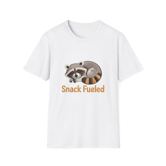 Adorable "Snack Fueled" Sleeping Raccoon T-Shirt | Cozy Animal Lover Tee - Perfect Funny Gift for Foodies & Nappers!
