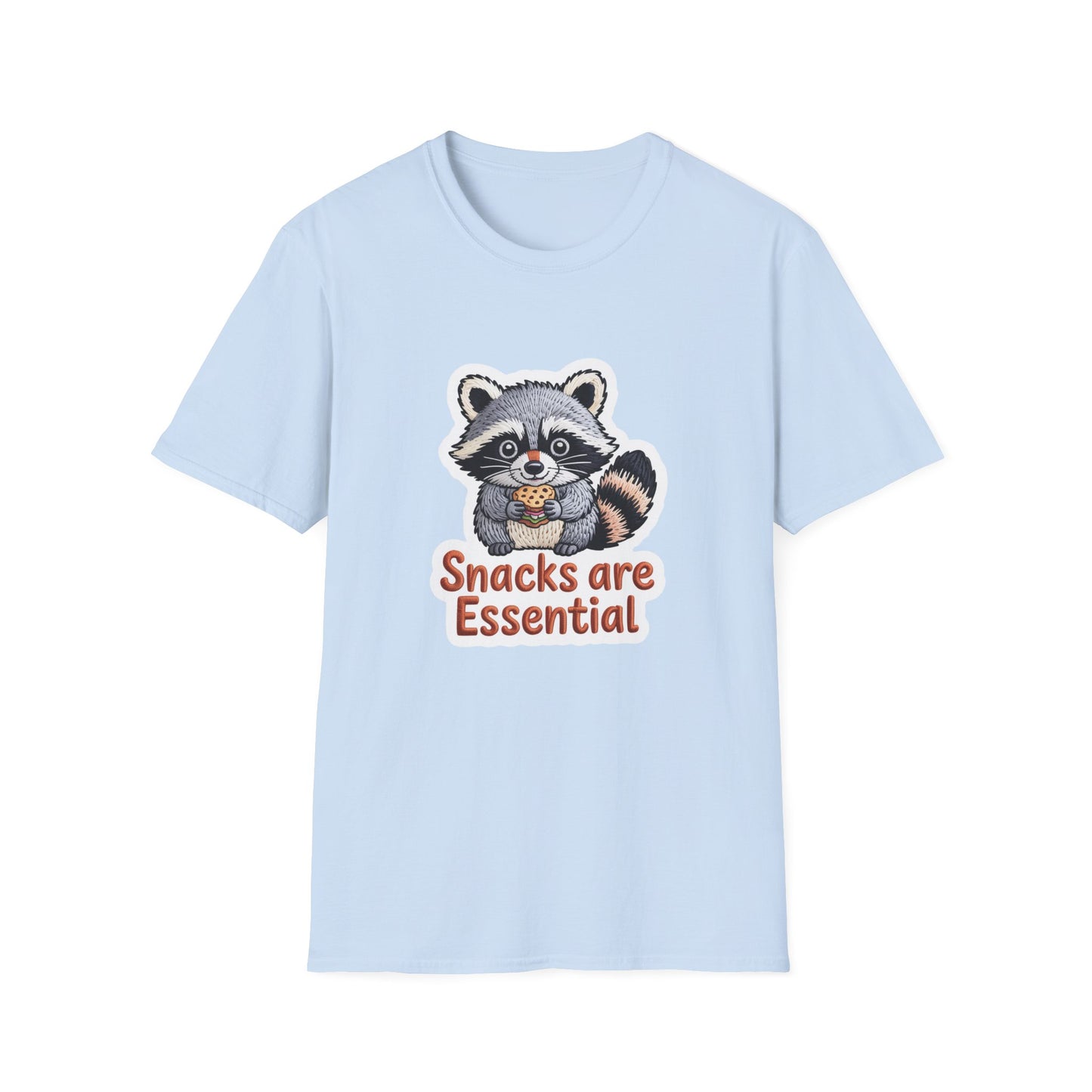 "Snacks are Essential" Raccoon T-Shirt | Cute Foodie Animal Lover Tee | Funny & Cozy Gift for Snack Addicts