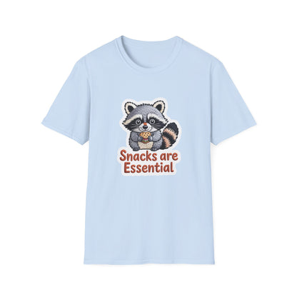 "Snacks are Essential" Raccoon T-Shirt | Cute Foodie Animal Lover Tee | Funny & Cozy Gift for Snack Addicts