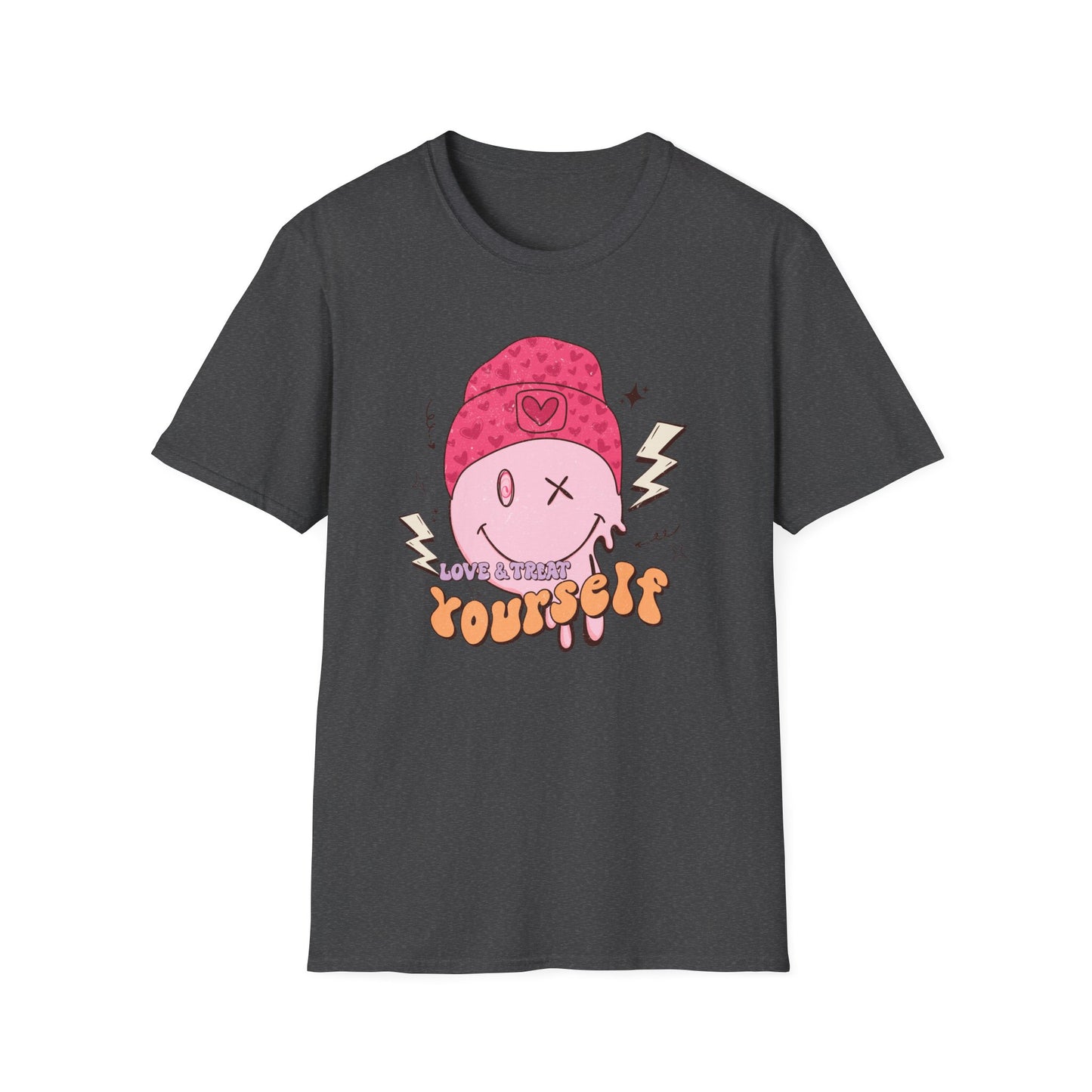 Trendy Groovy Melting Smiley T-Shirt - Empowering 'Love & Treat Yourself' Retro Self-Care Tee for Women