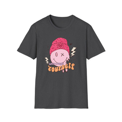 Trendy Groovy Melting Smiley T-Shirt - Empowering 'Love & Treat Yourself' Retro Self-Care Tee for Women