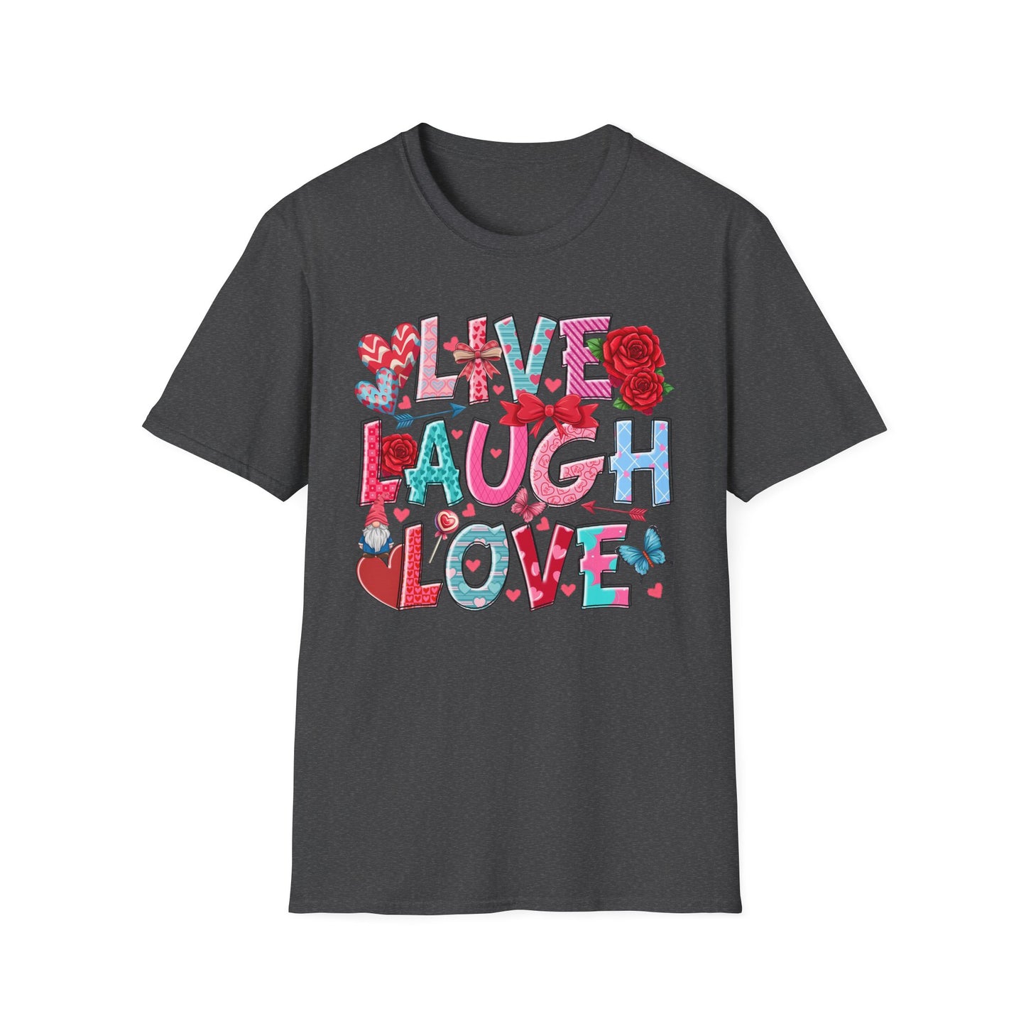 Ultimate Live Laugh Love T-Shirt | Charming Valentine's Gnome & Rose Heart Tee | Expressive Gift for Her