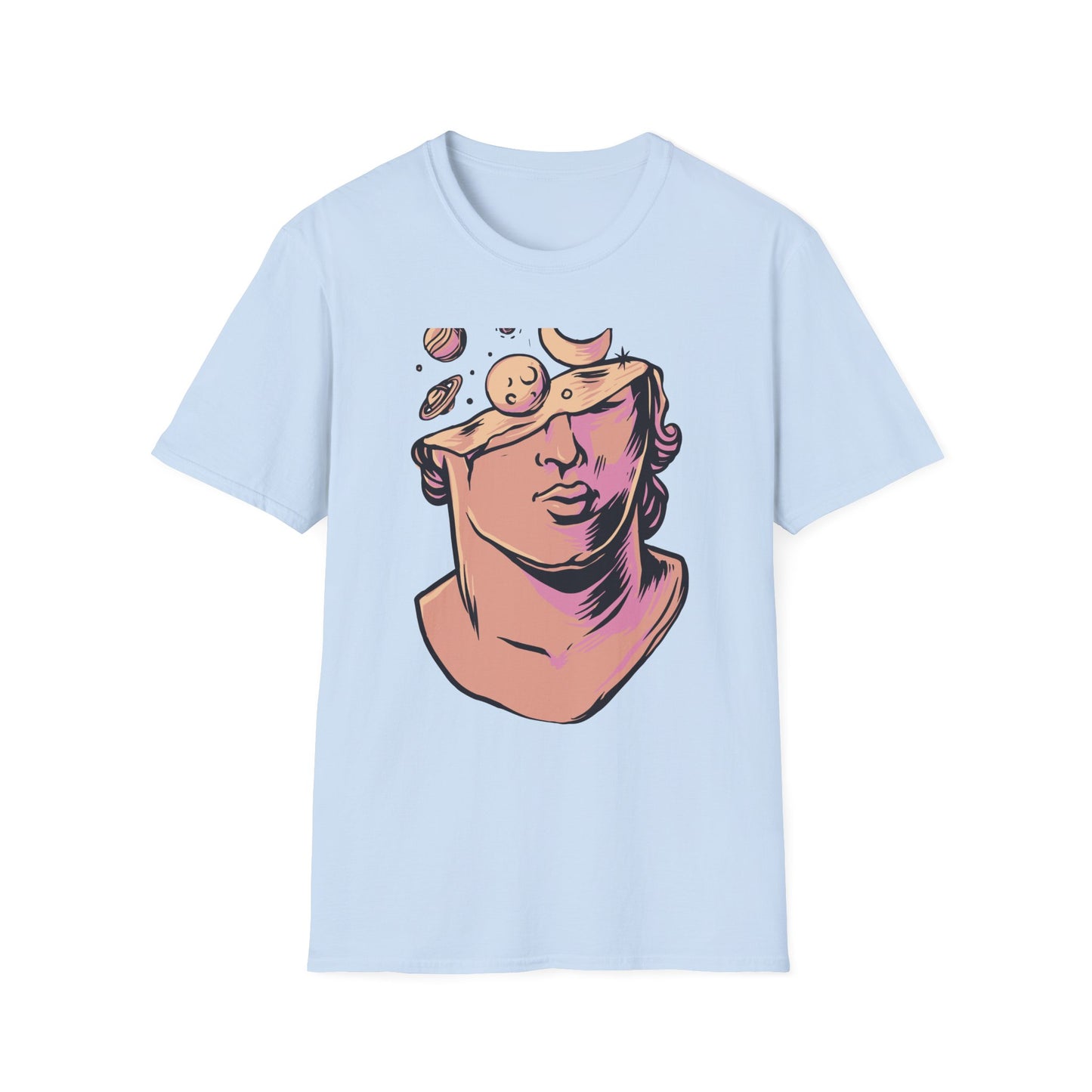Explore Your Mind's Universe: Celestial Greek Bust T-Shirt | Artistic Cosmic Thoughts Graphic Tee | Unique Planet & Moon Design for Thinkers