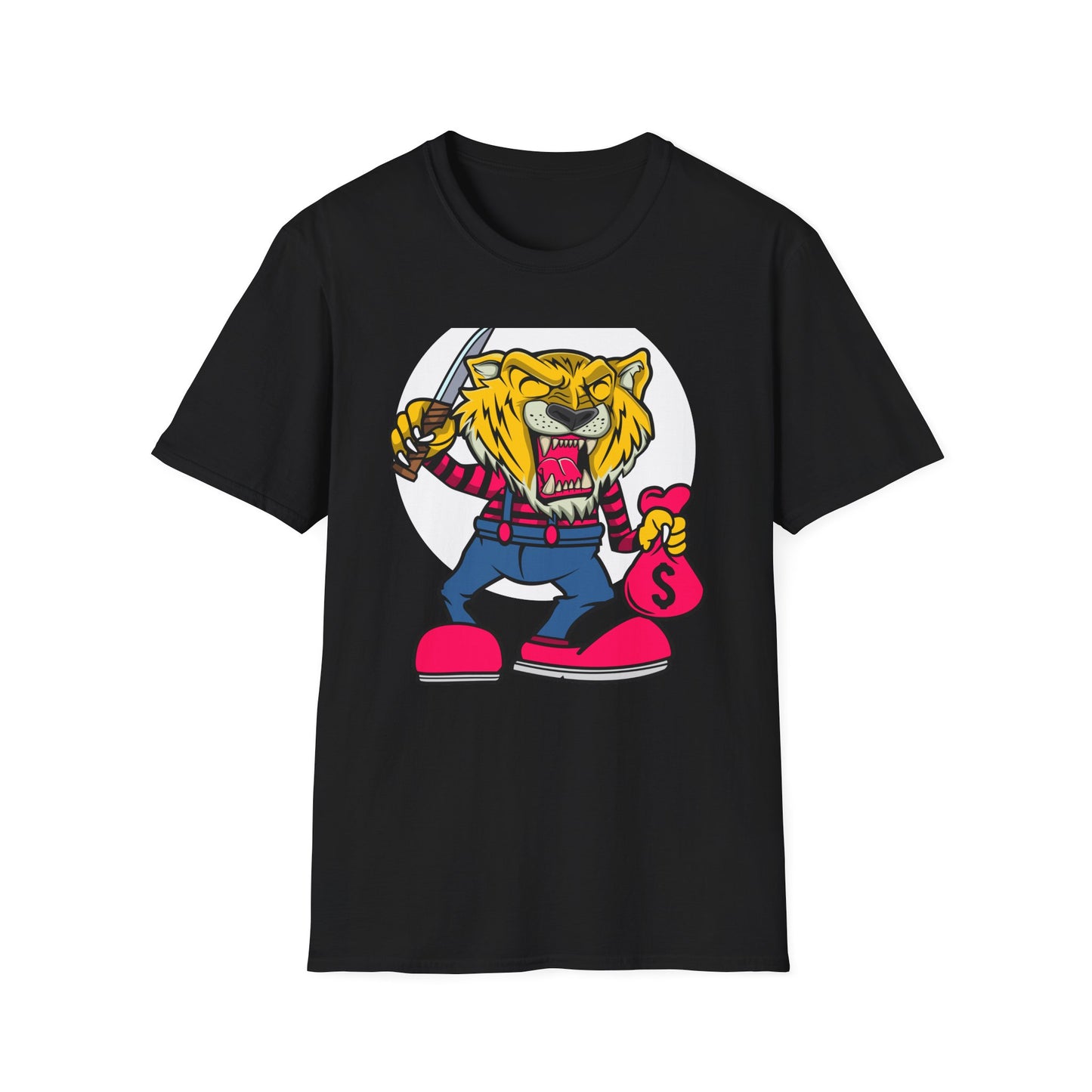Fierce Tiger Hustler T-Shirt: Bold Roaring Gangster Streetwear Graphic Tee with Knife & Money Bag