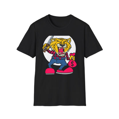 Fierce Tiger Hustler T-Shirt: Bold Roaring Gangster Streetwear Graphic Tee with Knife & Money Bag