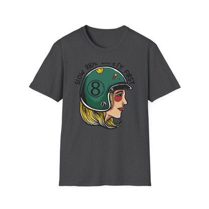 Vibrant Biker Girl Helmet T-Shirt | "Slow Ride Safety First" Retro Motorcycle Rider Tee for Women