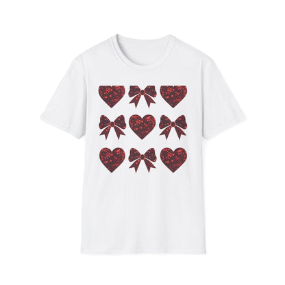 Dazzling Sparkle Hearts & Bows T-Shirt | Chic Glitter Love Tee for Women | Radiant Valentine's Day Gift