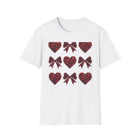 Dazzling Sparkle Hearts & Bows T-Shirt | Chic Glitter Love Tee for Women | Radiant Valentine's Day Gift