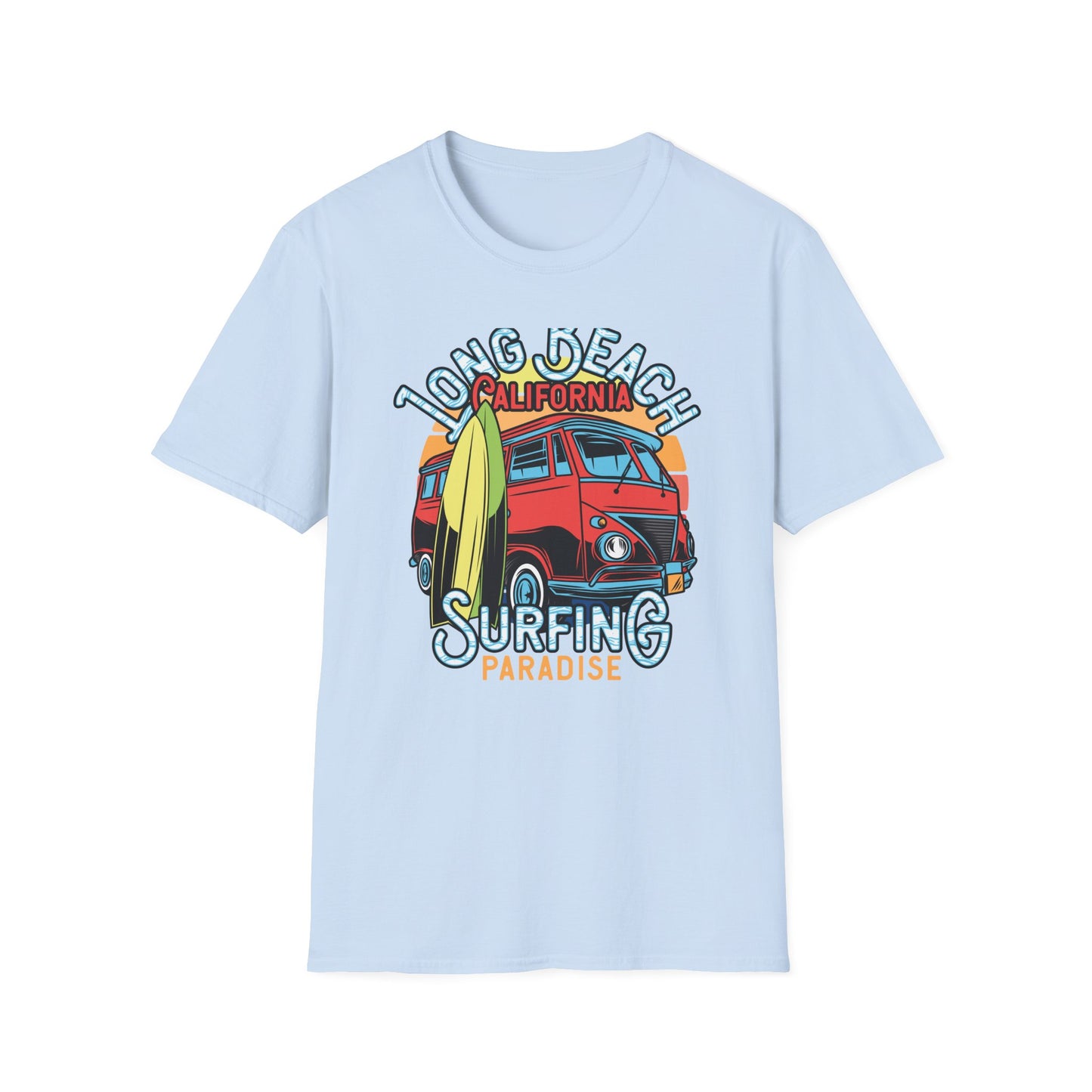 Vintage Long Beach California Surfing Paradise T-Shirt | Retro VW Bus & Surfboard Beach Lover Tee | Cool Summer Vacation Gift