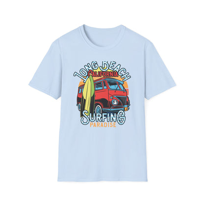 Vintage Long Beach California Surfing Paradise T-Shirt | Retro VW Bus & Surfboard Beach Lover Tee | Cool Summer Vacation Gift
