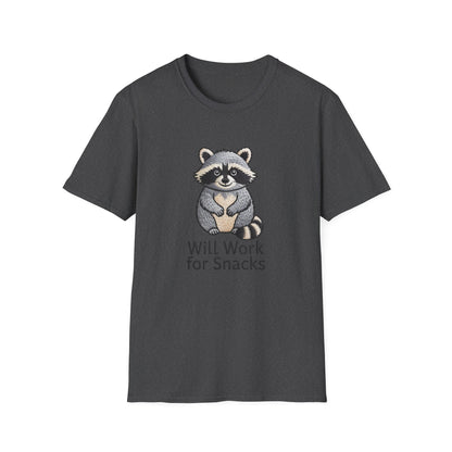 Hilarious "Will Work for Snacks" Raccoon T-Shirt - Adorable Embroidered Look Tee for Animal & Food Lovers! Must-Have Funny Gift