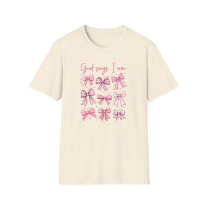 Powerful "God Says I Am" Christian T-Shirt for Women | Inspiring Bible Verse & Pink Bows Tee | Empowering Faith Gift