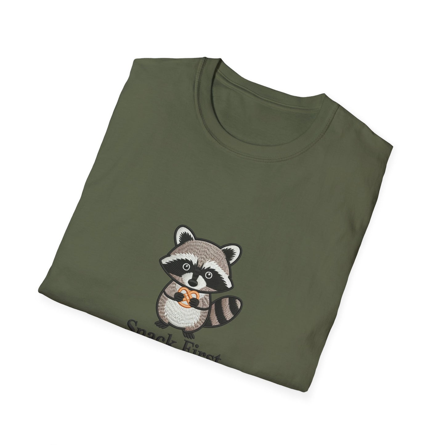 Cute Raccoon Pretzel T-Shirt - "Snack First Everything Later" Funny Foodie Animal Tee | Hilarious Comfort Lover Gift