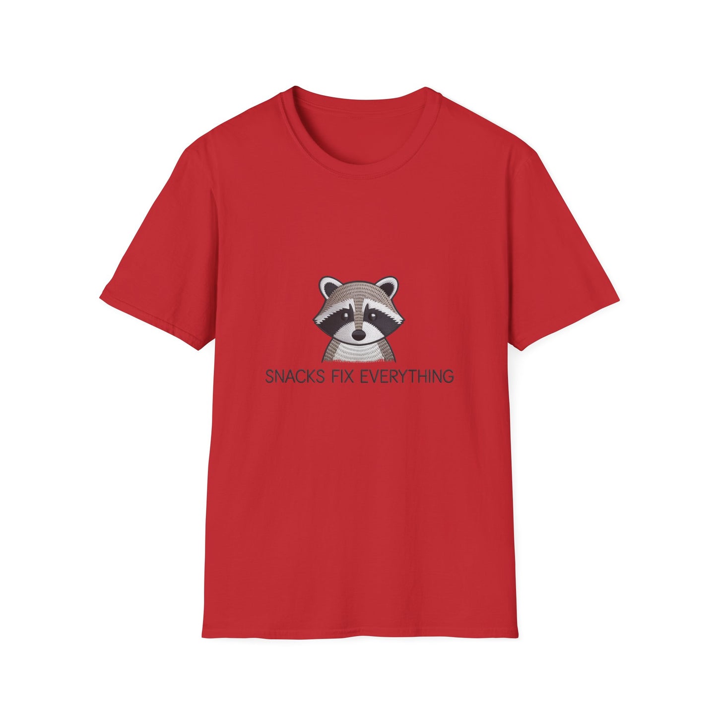 Awesome Raccoon 'Snacks Fix Everything' Embroidered T-Shirt - Funny Foodie Animal Tee for Snack Lovers