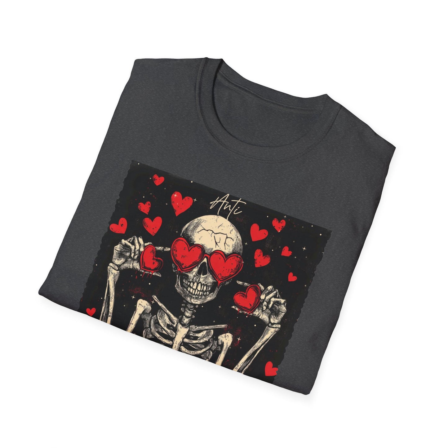 Anti Valentine Club Skeleton T-Shirt - Edgy Skull with Heart Sunglasses & Dripping Hearts | Grunge Anti-Love Tee