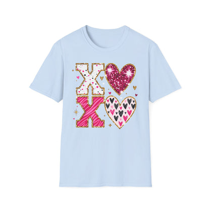 Sparkly XO Hearts T-Shirt | Adorable Pink Glitter Valentine's Day & Love Tee for Her | Hugs Kisses Style
