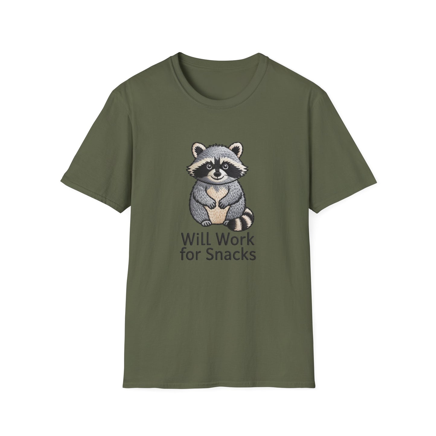 Hilarious "Will Work for Snacks" Raccoon T-Shirt - Adorable Embroidered Look Tee for Animal & Food Lovers! Must-Have Funny Gift