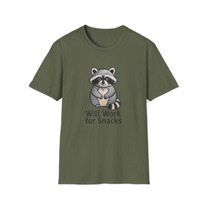 Hilarious "Will Work for Snacks" Raccoon T-Shirt - Adorable Embroidered Look Tee for Animal & Food Lovers! Must-Have Funny Gift