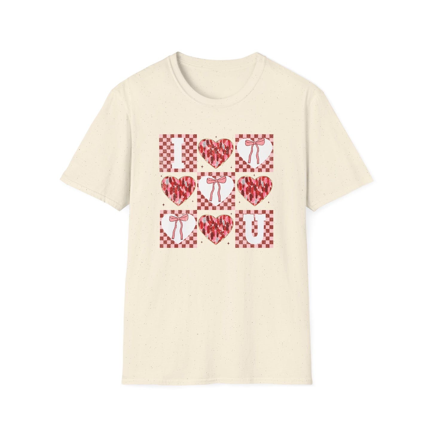 Chic "I Love You" Heart & Bow T-Shirt - Unique Distressed Checkered Design for Valentine's Day & Romantic Gifts for Her